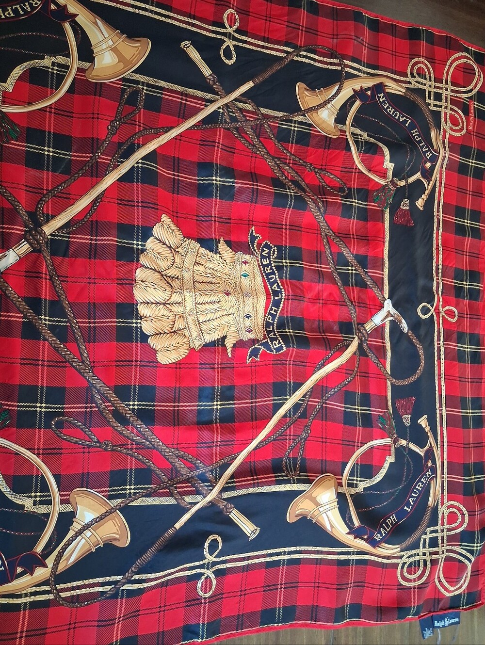 Ralph Lauren Red Tartan Silk Scarf with Equestrian Motif